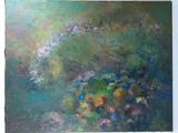 a painting of flowers in a vase on a table