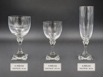 three clear wine glasses with labels on them sitting on a table