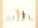 dessin représentant une femme et deux chats en train de jouer ensemble