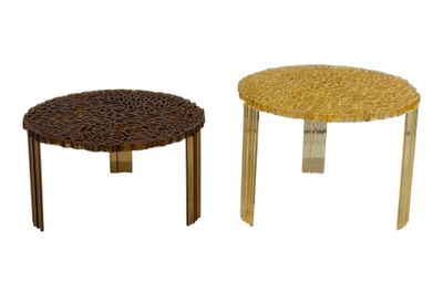 two side tables made of wood and glass on a white background