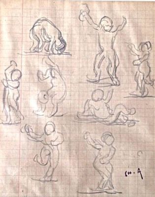 dessin représentant un groupe de personnes prenant différentes poses sur une feuille de papier