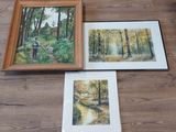 trois photos encadrées représentant un homme en train de pêcher dans les bois, sur un parquet