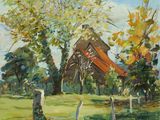 une peinture à l'huile représentant une scène de ferme avec une grange en arrière-plan