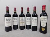 six bottles of red wine are lined up on a table