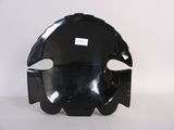 a close up of a motorcycle helmet on a white surface