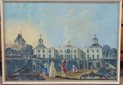peinture d'un groupe de personnes devant un bâtiment