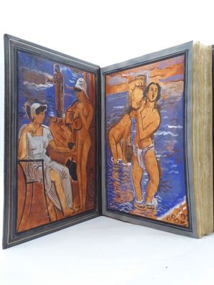 deux tableaux représentant un homme et une femme sur une plage, l'un assis sur une chaise et l'autre debout sur une chaise