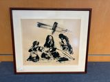 a black and white drawing of three people sitting on the ground
