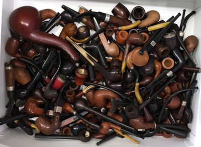 a white box filled with lots of different types of smoking pipes