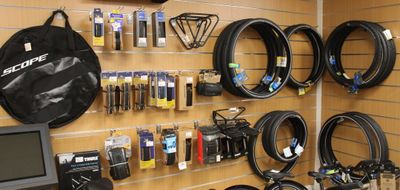 a wall with many different types of bike tires on it