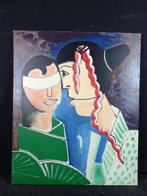 tableau représentant une femme et un homme avec un bandage sur le visage