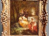 a painting of a woman and two children in a wooded setting