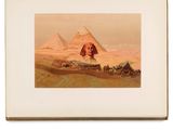 une vieille photo représentant un tableau d'une pyramide avec un sphinx en arrière-plan