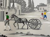 a drawing of a horse pulling a cart with a man on it