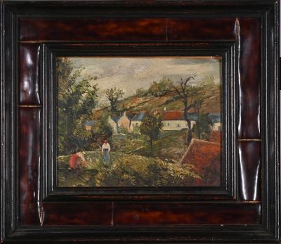 une peinture à l'huile représentant une scène de vie à la ferme, dans un cadre en bois