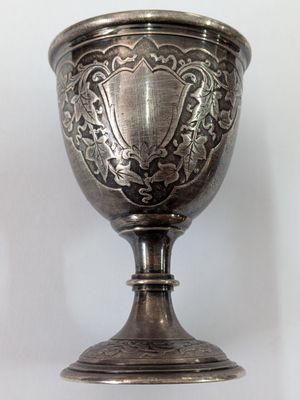a silver cup that is sitting on a table
