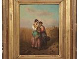 un tableau représentant deux femmes dans un champ avec un chien