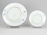 pair of porcelain plates with gold rims and blue flowers