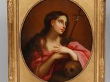 painting of a woman holding a musical instrument on a wooden easel