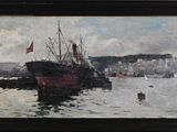 painting of a boat in the water with a city in the background