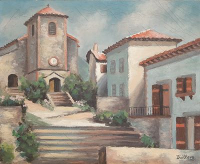 a painting of a building with a clock on the top of it