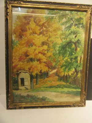 an image of a painting of a house in the woods