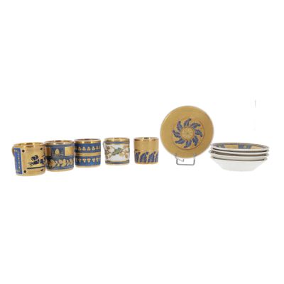 a set of five porcelain dishes and bowls with blue and white designs