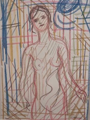 dessin représentant une femme debout devant une fenêtre, avec un oiseau en arrière-plan
