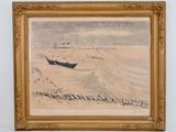 painting of a boat on the beach in a frame on a wall