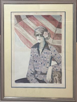 tableau représentant une femme assise devant un drapeau américain