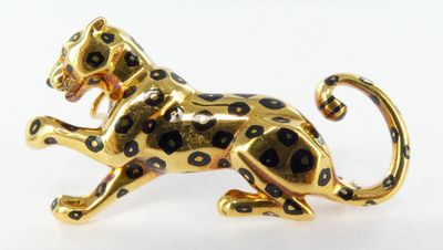 broche léopard plaquée or à taches noires et blanches