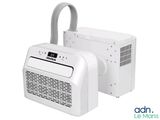 two white air conditioners sitting next to each other on a white surface
