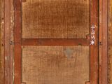 an old wooden window with a brown frame and some writing on it