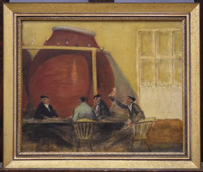 tableau représentant un groupe d'hommes assis à une table, avec un grand vase en arrière-plan