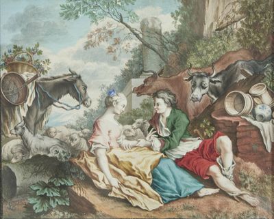 un tableau représentant un homme et une femme assis par terre en compagnie d'animaux