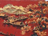 a painting on the wall of a boat with people on it