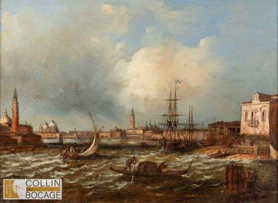 une image représentant une peinture d'une scène portuaire avec des bateaux sur l'eau et des bâtiments en arrière-plan