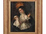 a painting of a woman holding a bird in her hand