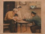 painting of a family playing a game of checkers in a living room