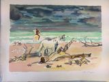 un tableau représentant une femme à cheval sur la plage