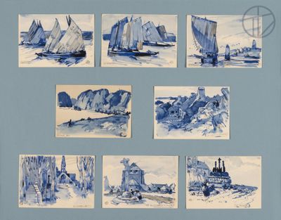 sketches of boats on the water in a blue and white frame