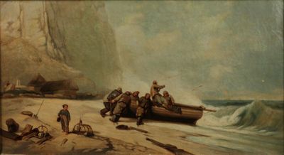 un tableau représentant un groupe de personnes sur un bateau à la plage