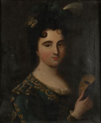 portrait of a lady in a blue dress with a feather in her hair