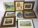 several framed and unframed pictures of a mountain scene
