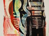 a painting of a man standing in front of a painting of a woman