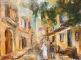 tableau représentant une femme marchant dans la rue avec un parapluie