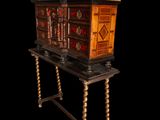 a small wooden table with a book case on top of it