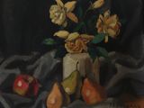 a painting of flowers in a vase with pears and apples