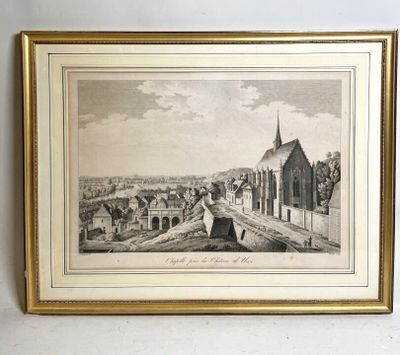 un vieux dessin représentant une vue d'une ville avec une église en arrière-plan