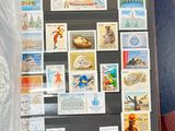 a lot of different stamps on a display case